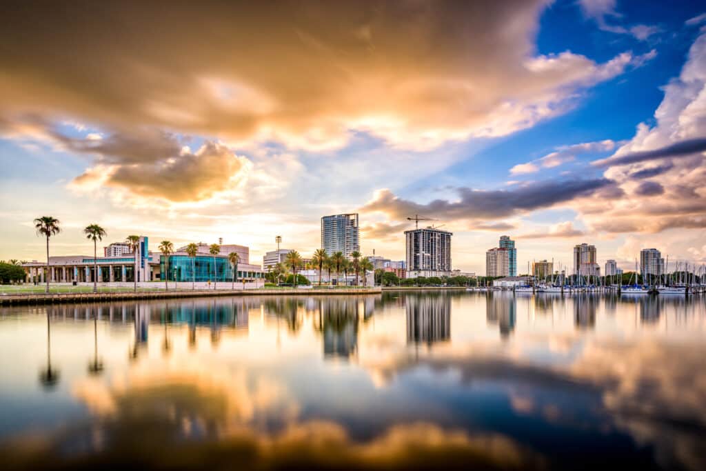 The skyline of St. Petersburg, Florida at sunset