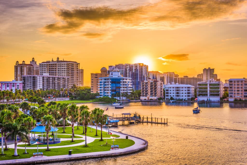 Sarasota Florida with sunset behind it