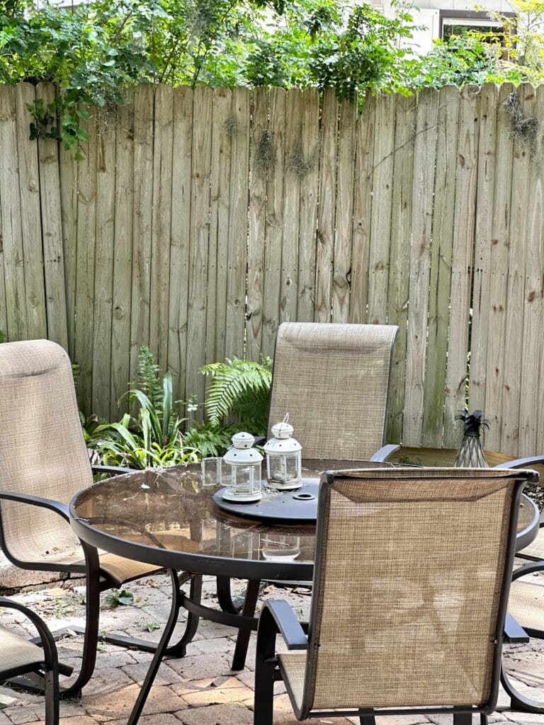 Backyard table fence in background topped with greenery